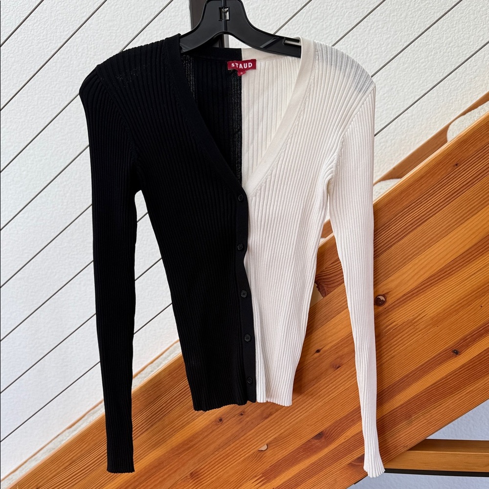 STAUD Black and White Ribbed Two-Tone V-Neck Cardigan